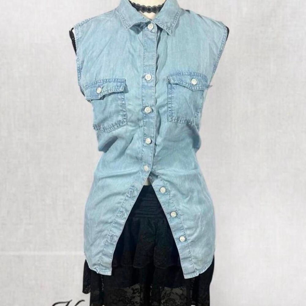 Preppy Y2K Blue Denim Style Sleeveless Collard Button Up Top
